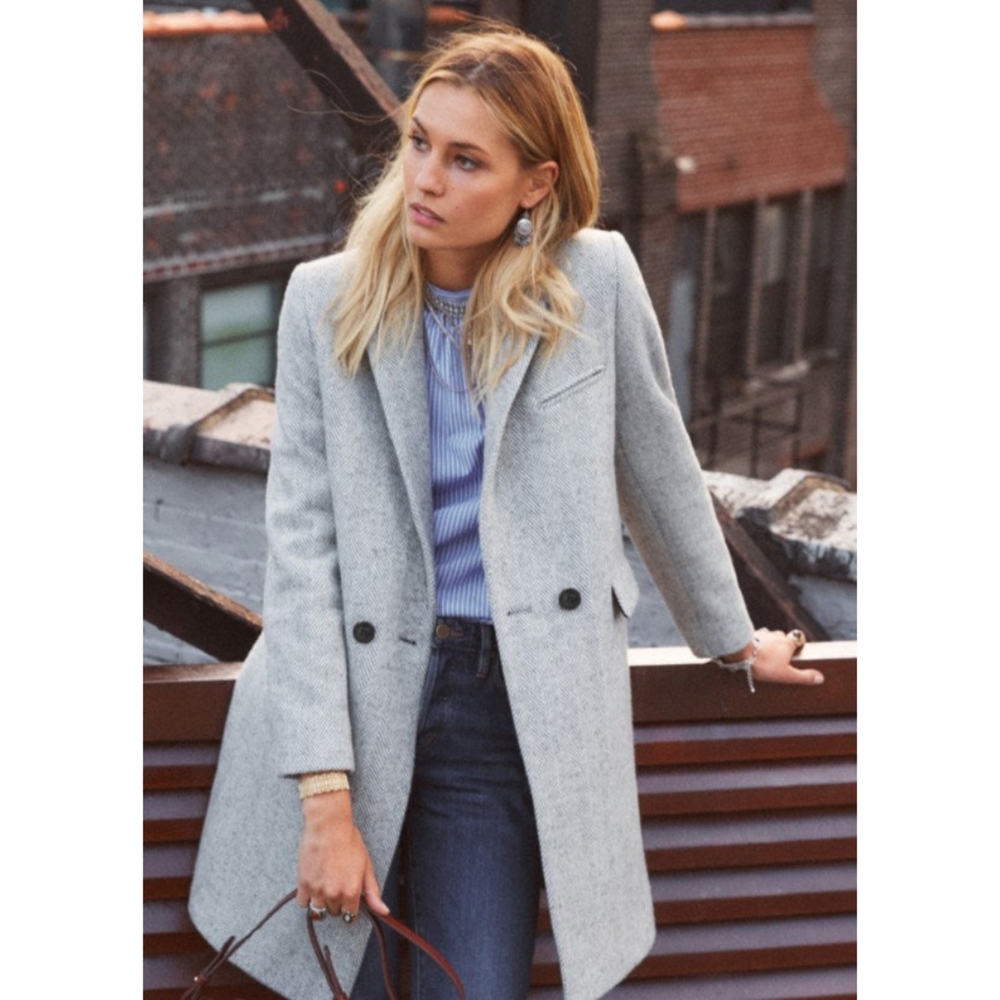 Sezane Joe Coat Manteau Wool Double Breasted Chevron Grey